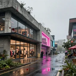 post apocalyptic shopping center, raining, building, avenue, modern contemporary urban americana concrete architecture, paved roads, by thomas kinkade, pascal blanche, greg rutkowski, shaddy safadi, neil blevins trending on artstation, photorealistic, neon ambiance, ultra detailed, high definition, depth of field, bokeh, wild vegetation, blood stains, crumbling