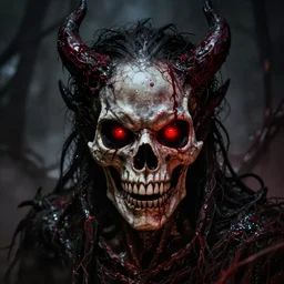 horrific demon, skull face, red eyes, terror, horror, scary, nightmare, high quality, high resolution