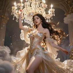 a beautiful female goddess of chandeliers character, character is in all its glory, character is in her natural relaxed pose, rim lights, particles and dust in the air, fancy clouds, highly detailed professional photo, dynamic lights, particles are flying, depth of field, trending on artstation, illustration, hyper realistic, vray caustics, super detailed, colorful accents, cinematic shot