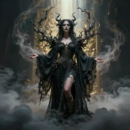 photoshoot of chloe bailey as mysterious dark goddess of death, realism, clouds, swirling energy, torn fabric, elaborate ornate growth, gilded relief, volumetric lighting, light shafts, ambient light, trending on artstation, by alessio albi