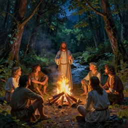 jesus speaking to 6 people around a campfire at night in the woods by a stream, river gorgeous lighting, lush forest foliage night sky a hyper realistic painting by chiara bautista and beksinski and norman rockwell and greg rutkowski weta studio, and lucasfilm
