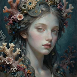 portrait of an impossibly beautiful sea goddess, graceful, esoteric, muted colors, head in focus, fantasy art, ocean corals aesthetics, intricate details, elegant, highly detailed, hyperrealistic painting, artstation, concept art, painterly, sharp focus, illustration, epic art by hans jokem bakker