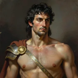 painted portrait of rugged greek god warrior, black hair masculine, mature handsome upper body muscular torso fantasy, intricate, elegant, extremely detailed digital painting trending artstation concept art heroic portrait sharp focus, illustration, art by greg rutkowski magali villeneuve gaston bussiere
