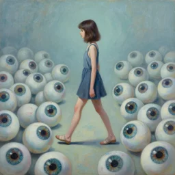 oil painting of a girl walking across a floor full of eyeballs, artstation