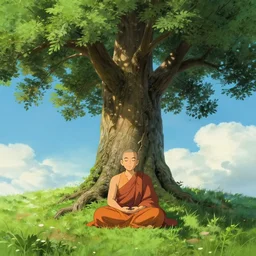 Meditating Buddhist monk sat  at the base of a large tree on top of a green hill artwork by studio Ghibli, highly detailed, masterpiece, trending on artstation, 4k, hyper detailed