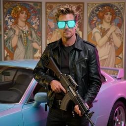 a detailed full bodied matte portrait of jensen ackles as time traveler stepping out of a futuristic neon colored car, holding a milkor mgl, wearing glowing neon shuttered 1 9 8 0 s glasses!!!!, aetherpunk, masterpiece, 8 k, art by greg rutkowski and albert bierstadt and arthur rackham and alphones mucha