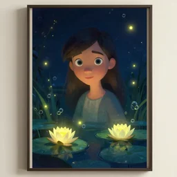 water lily, water bubbles, night view, glowing, fireflies, poster vintage, digital strokes, illustration, bioluminescence, vegetation, portrait, full shot, rim light, pixar, octane render,