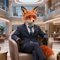 anthropomorphic fox in suit sitting in the lobby of a futuristic hotel, anthro, furry