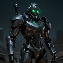 Close up of a singular mechanical warrior, green glowing eyes reflecting on the shinny armor. At night, underexposed, desolated wasteland, matte painting by Craig mullins and Emmanuel_Shiu, cinematic, dark sci-fi, concept art trending on artstation, 4k, insane details