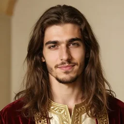 portrait of a young, smug, persian king with long brown hair. by leonid afremov