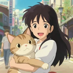 a film still of a disney happy girl with her big cat, finely detailed features, perfect art details, in a city, sun, gapmoe, yandere, trending on pixiv fanbox, painted by ( ilya kushinov ) makoto shinkai takashi takeuchi studio ghibli akihiko yoshida, makoto shinkai!!!