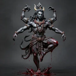 Shiva is dancing. Drops of blood. Dark colors, high detail, hyperrealism, intricate details, masterpiece, art by Greg Broadmore, Esao Andrews, Beksinski, Giger