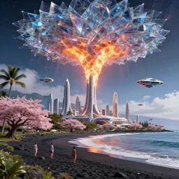 futuristic renaissance megapolis on waiʻanapanapa state park black beach of maui during interstellar crystalized fractal kaleidoscope glass sky, blazing fire tornadoes, lush sakura, advanced civilization, high tech spaceships, by peter mohrbacher, james jean, james gilleard, greg rutkowski, rule of thirds, octane render, beautiful
