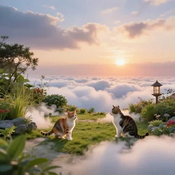a beautiful hyper realistic photograph of a cat garden, heavenly clouds, beautiful sunrise