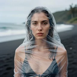 closeup portrait of a woman wrapped in plastic, standing in punaluu black sand beach, color photograph, by vincent desiderio, canon eos c 3 0 0, ƒ 1. 8, 3 5 mm, 8 k, medium - format print