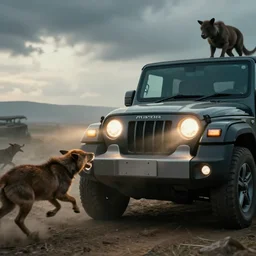 Mahindra thar, headlights turned on, animals attacking, chasing action scene, an epic fantasy, dramatic lighting, cinematic, establishing shot, extremely high detail, photorealistic, cinematic lighting, matte painting, artstation, by simon stalenhag, horizon forbideen west