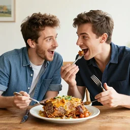 a gay couple sharing a meatloaf