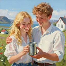 a highly detailed painting of a young couple holding a tin can, hjalteyri iceland, summer, blonde hair, vibrant colors, joy, trending on artstation,