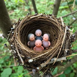 a bird nest with tiny humans in it