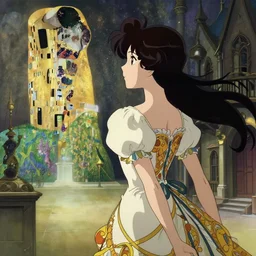 anime frames, anime visual, portrait of a young woman in a ornate dress outside in the medieval city square looking at the fantasy palace in the distance, cute face by ilya kuvshinov, alphonse mucha, dynamic perspective pose, rounded eyes, moody, psycho pass, kyoani, gustav klimt, yoh yoshinari