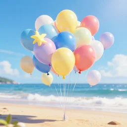 a lot of floating birthday balloons. beautiful beach. digital art, highly - detailed, artstation cgsociety masterpiece