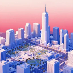 futuristic cityscape, large brutalist buildings, park spaces, red white blue, isometric, sunset