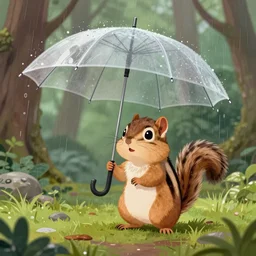 an adorable chipmunk holding an umbrella in the rain in a cozy forest setting, fantasy art, digital art, illustration, 8k