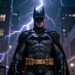 “Batman on building at night with lightning behind him”