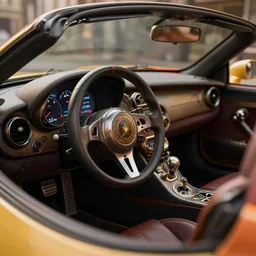 the interior of a steampunk sports car, left - hand drive, single steering wheel, designed by tyler edlin, trending on artstation, 8 k, photorealistic, hyper detailed, unreal engine 5, imax quality, cinematic, epic lighting
