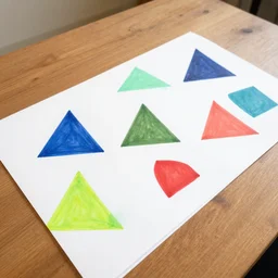 several well separated triangles and perfect squares of all colors are drawn on a large white sheet of paper. side view. on a large wooden table.