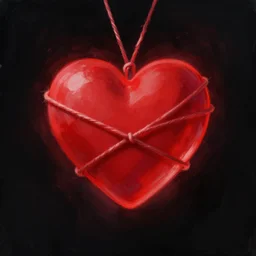 a glowing red heart bound by strings with a black background, digital art, painting