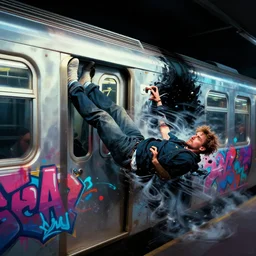 man clinging onto subway train for dear life as a dark void consumes it. air rushing grabbing the mans legs, pulling him horizontal. digital graffiti style art trending on artstation.
