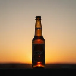 a photo of a sunset with a beer bottle in the style of album art