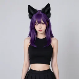 portrait of a woman wearing a black crop top and a skirt, she has black fox ears and purple hair and a fox nose