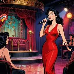 1980s speakeasy with stage  and singer with a red dress comic book art