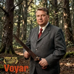 soviet propaganda poster of viktor orban with a handsaw, forest in background