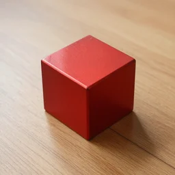 a red metallic cube on a wooden floor
