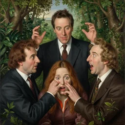 a painting by “ hieronymus bosch ” of a closeup view of the cast of “ seinfeld ” being tormented and teased in “ the garden of earthly delights ” featuring kramer and george and newman and elaine and jerry. highly - detailed artwork.