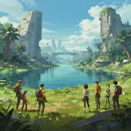 photo environement post futurist lakeside : 4, 4 k rtx hdr volume light concept studio matte painting environement digital illustration style art that looks like it is from borderlands and by feng zhu and loish and laurie greasley, victo ngai, andreas rocha, john harris by jesper ejsing, by rhads, makoto shinkai and lois van baarle
