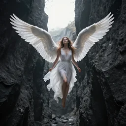 A angelic woman with big wings flying out of a black ravine