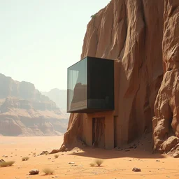 glass cube built on the side of a vertical cliff, brutalist architecture, desert, digital painting, detailed, highly detailed, smooth, sharp focus, 3 d rendering, octane, unreal engine, digital, maya, award winning, trending on artstation