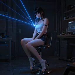 a beautiful girl sitting on a stool in a dark room with laser light,  cyberpunk, dynamic lighting, high detail, concept art, artstation, zbrush by Paolo Eleuteri Serpieri