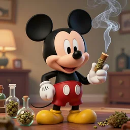 Mickey Mouse smoking a weed joint in his apartment, stoned eyes, smoke, bongs on the table, highly detailed, amazing digital art, trending on artstation