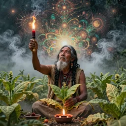 a vision of the tobacco plant teacher spirit as an old indigenous man during an ayahuasca ceremony, surrounded by thick smoke, fractals, fantasy art, matte painting, highly detailed