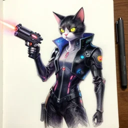 cat in cyberpunk suit sketch holding laser gun