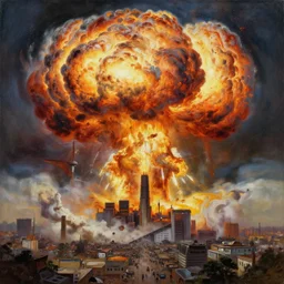 A gigantic colossal Atomic explosion in Mumbai, by Bruce Pennington, by Wayne Barlowe, by Greg Rutkowski, oil on canvas, masterpiece, detailed, dynamic, cinematic composition, beautiful lighting, view from ground, trending on artstation, top on pixiv, 8K, no frames,