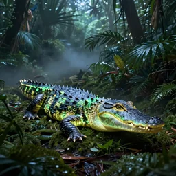 neon glowing alligator in a foggy jungle by magali villeneuve