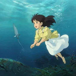 underwater, submerged. cgsociety masterpiece, artstation trending, by rossdraws, ghibli, kimi no na wa, greg rutkowski, simon stalberg, greg manchess