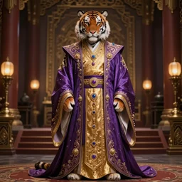 beautiful fantasy character portrait, male wizard, anthropomorphic tiger, dressed in fluent long jeweled oriental clothes, gradient purple to gold, rich palace room background, hyper realistic, highly detailed by peter mohrbacher, wayne barlowe, boris vallejo, paolo eleuteri serpieri