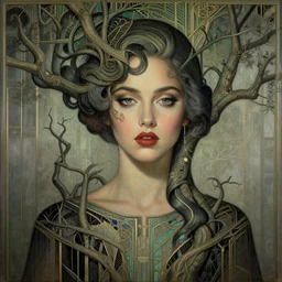 breathtaking detailed concept art painting art deco portrait of young ana de armas amalgamation tree branches, by hsiao - ron cheng, bizarre compositions, exquisite detail, extremely moody lighting, 8 k